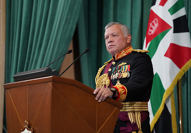 His Majesty King Abdullah delivers the Speech from the Throne during the inauguration of the 19th Parliament’s non-ordinary session on Thursday (Photo courtesy of Royal Court)